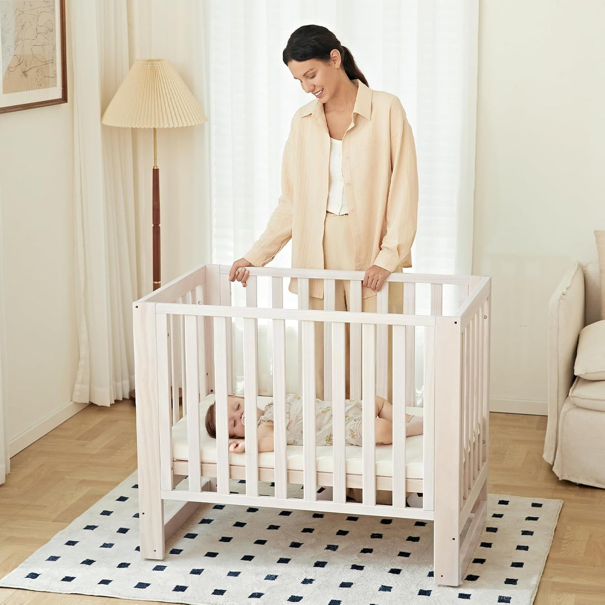EvoNest Baby Crib, 6 in 1 Convertible Mini Crib with Wheels, 100% New Zealand Wood Growing Bed, 4 Adjustable Mattress Height, Wahsed Natural (Beige)
