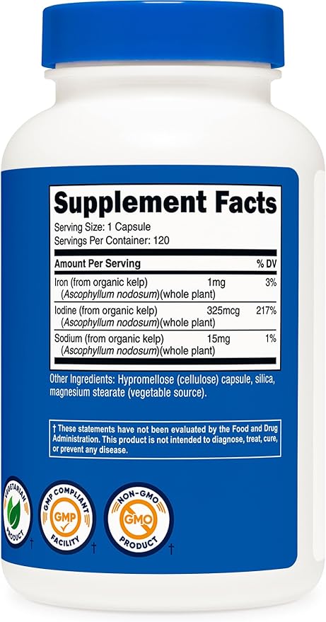 Nutricost Iodine (Natural Iodine from Organic Sea Kelp) 325mcg, 120 Capsules, Vegetarian, Non-GMO & Gluten Free