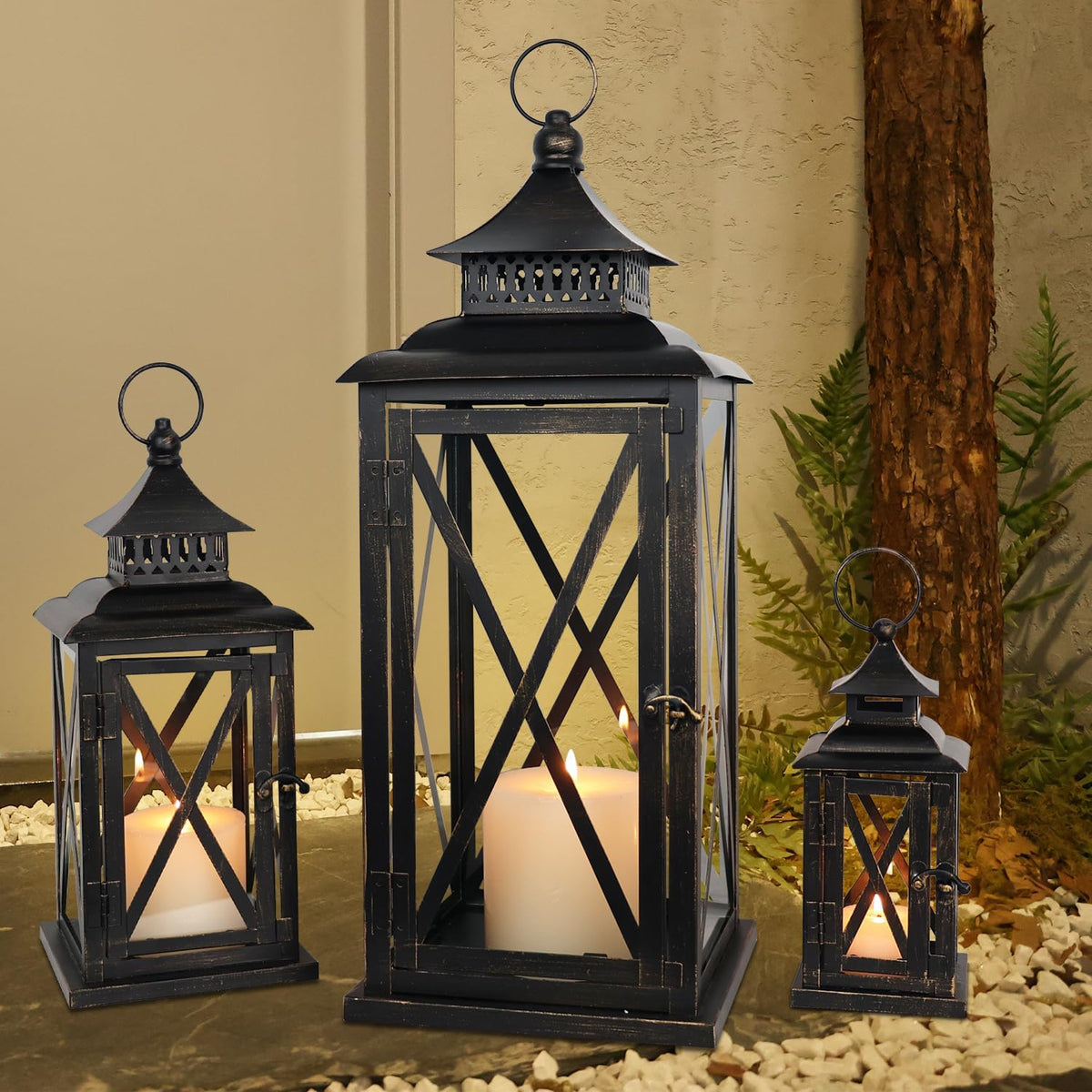 DECORKEY 3PCS (20’’&13’’&9’’) Lanterns Decorative Indoor & Outdoor, Vintage Metal Frame Candle Holders for Front Porch, Patio, Pathway, Balcony, Garden, Yard Decor, Halloween Christmas Decorations