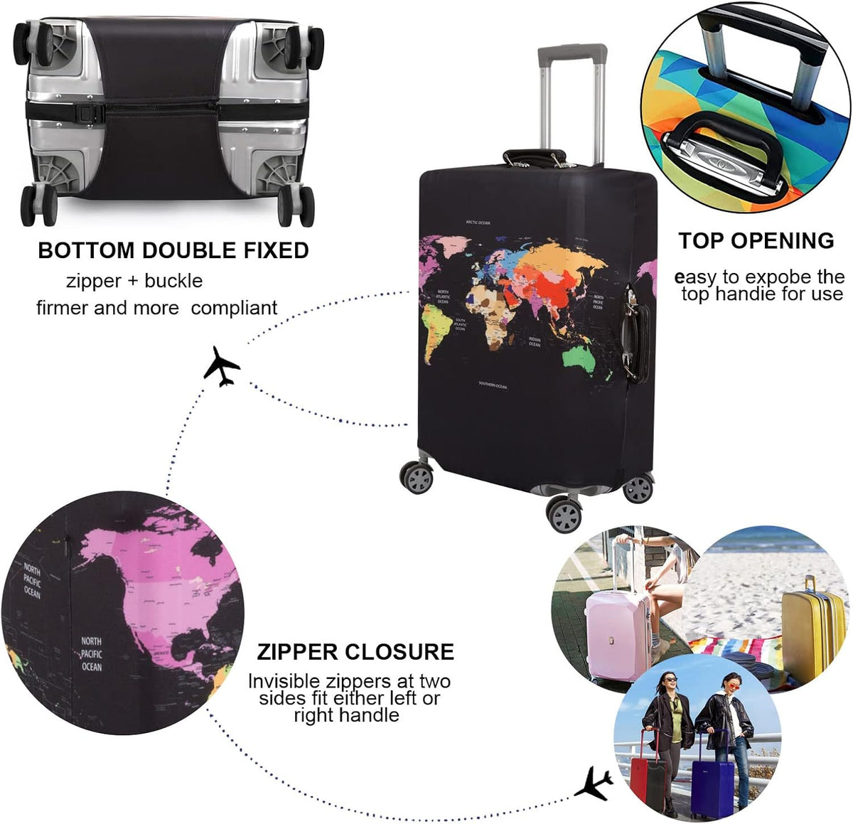MosaiRudo Thicker Luggage Cover Elastic Suitcase Cover Protector Fits 18-32 Inch Suitcase Travel Accessories (World Map, M-)