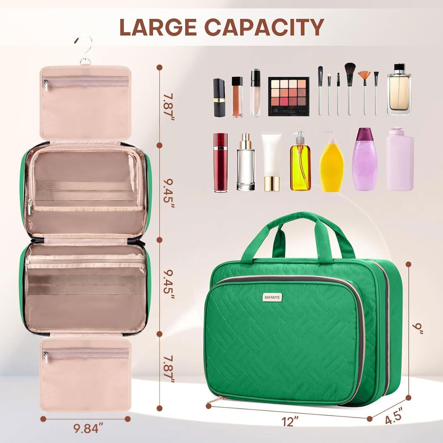 Toiletry Bag for Women with Jewelry Organizer Compartment, Travel Makeup Cosmetic Bag with Hanging Hook for Full-sized Toiletries, Shampoo - Green