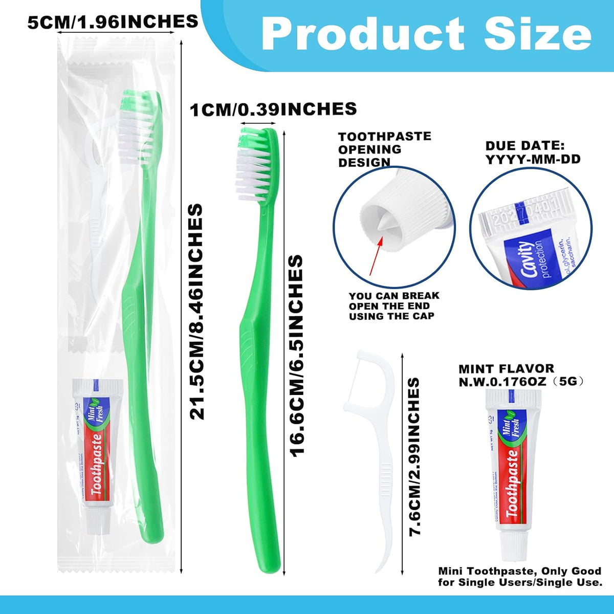 Disposable Toothbrushes with Toothpaste and Floss,50Pcs Green Single Use Individually Wrapped Disposable Travel Toothbrushes and Dental Floss Kit Bulk for Homeless,Airbnb,Hotel,Dentist