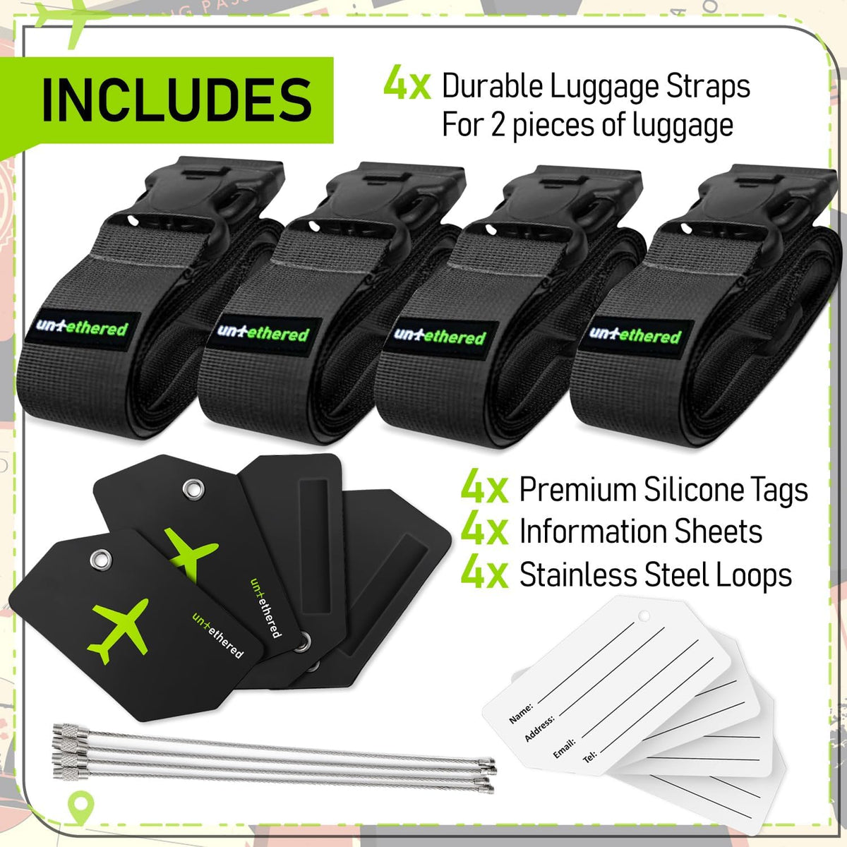 Untethered Ultimate Travel Set: 4 Premium Luggage Straps and 4 Silicone Tags - Secure & Identify Your Bags with Ease (Black + Tags)