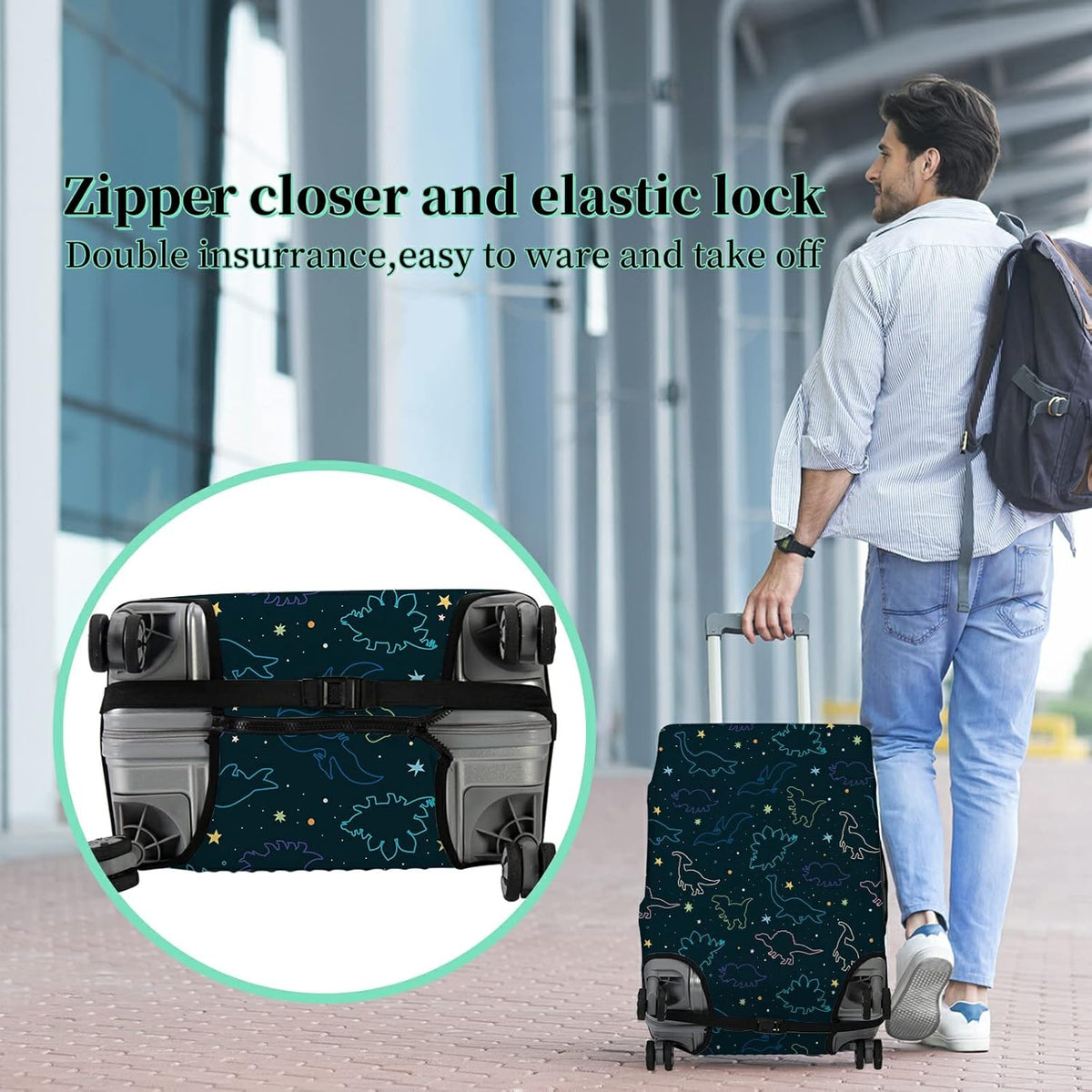 Luggage Cover Suitcase Protector Plus 1 Luggage Tag, Dinosaurs Space Travel Suitcase Cover Suitable for 22-24 inch Luggage (M) with Concealed Zipper Washable Elastic Cloth Dustproof Anti-Scratch
