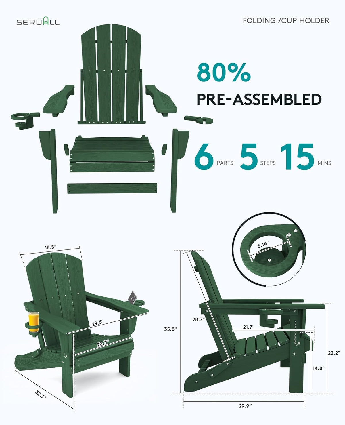 SERWALL Adirondack Chair with Cup Holders - Composite Adirondack Chairs Set of 8 HDPE Outdoor Chairs All Weather Use- Green
