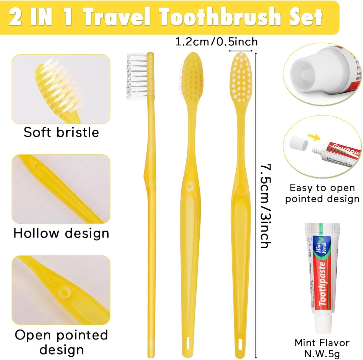 HOFASON Disposable Toothbrushes with Toothpaste Pack of 100, Yellow Hollow Travel Toothbrush Set with 5g Toothpaste Individually Wrapped Toothpaste Bulk for Homeless, Nursing Home, Shelter, Hotel