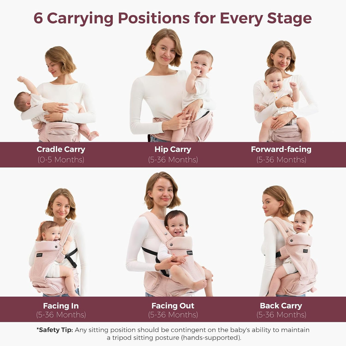 Momcozy Baby Carrier with Hip Seat, 2-in-1 Forward-Facing Carry for Active Babies, Detachable Hands-Free Carrier up to 44lbs, Breathable Infant Carrier Fits Waist Sizes up to 45 Inches, AirMesh Pink