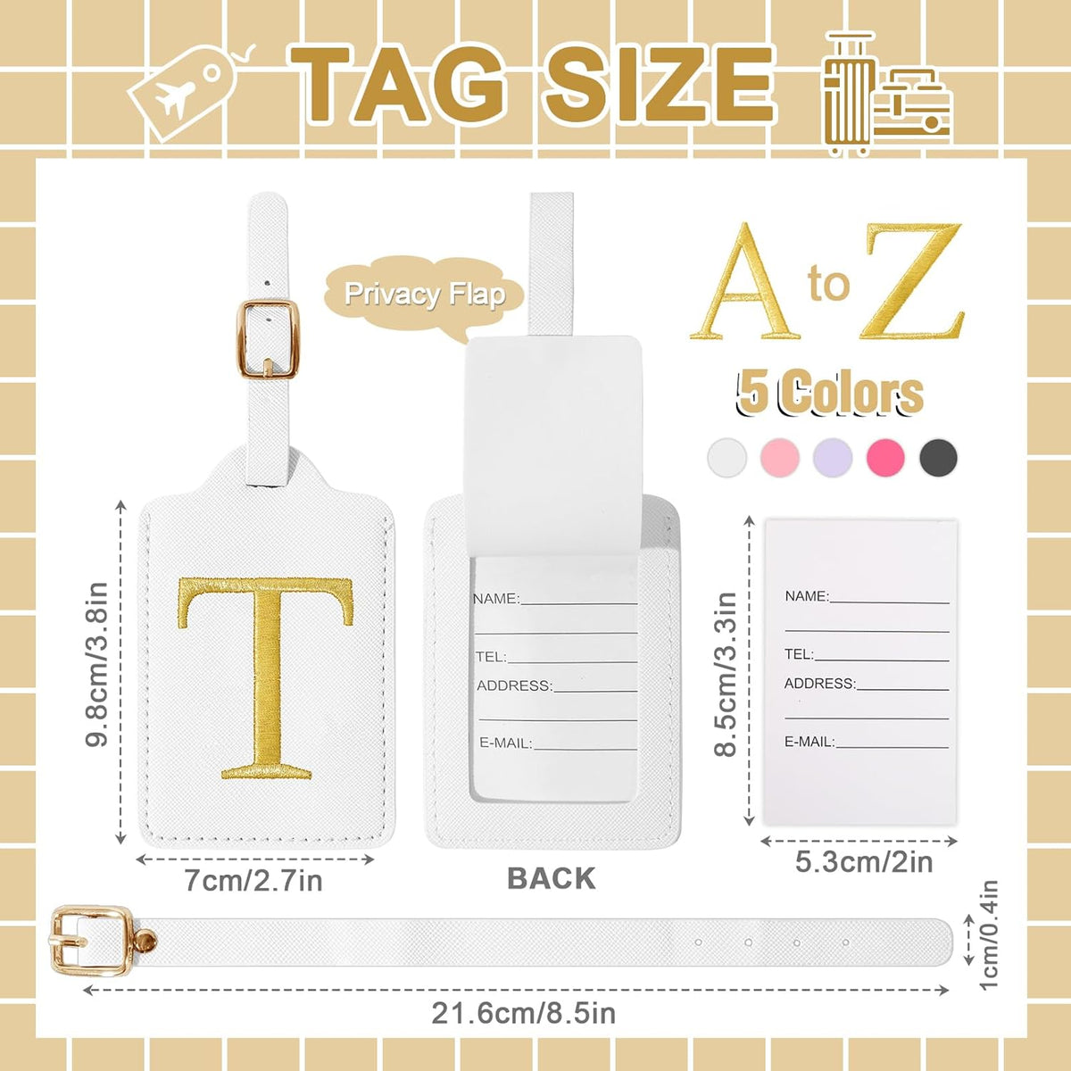 Personalized Initial Luggage Tags for Suitcase TSA Approved, White Leather Cute Luggage Tag with Privacy Cover Name Card, Embroidered Custom Luggage Tags Travel Baggage Tags Gifts for Women Kids(T)