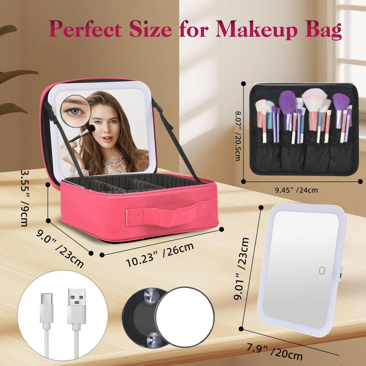 Travel Makeup Bag With LED Mirror,Cosmetic Train Case with 3 Color Setting,Cosmetic Makeup Organizer Bag with Adjustable Dividers,Portable Make up Box with Make up Brushes Holder Storage(Rose)