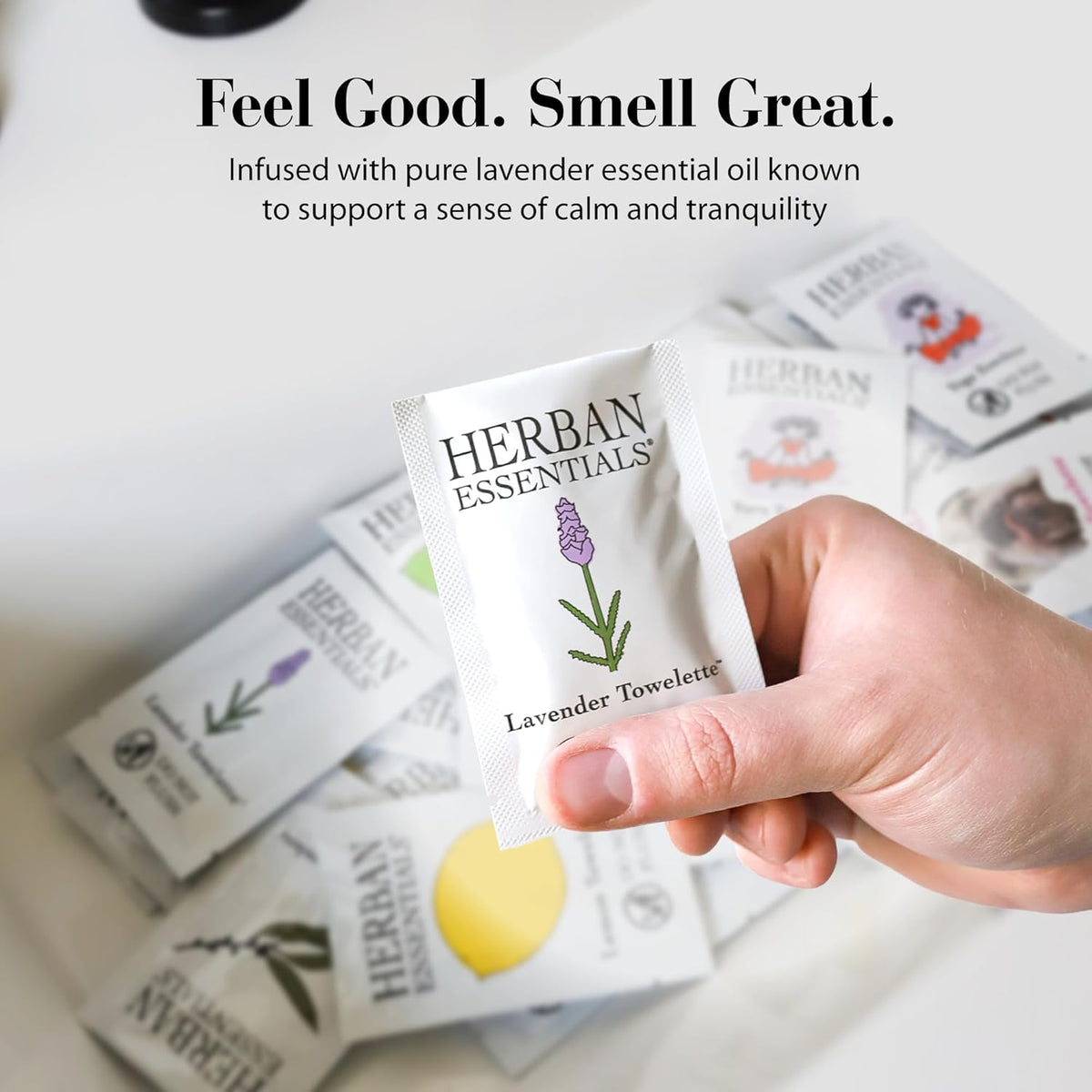 Herban Essentials - Lavender Wipes & Towelettes - Essential Oil Wipes for Make Up, Hands, Face & Body - Travel Size Essentials and Toiletries - Natural, Individually Wrapped and Disposable - 7 Count