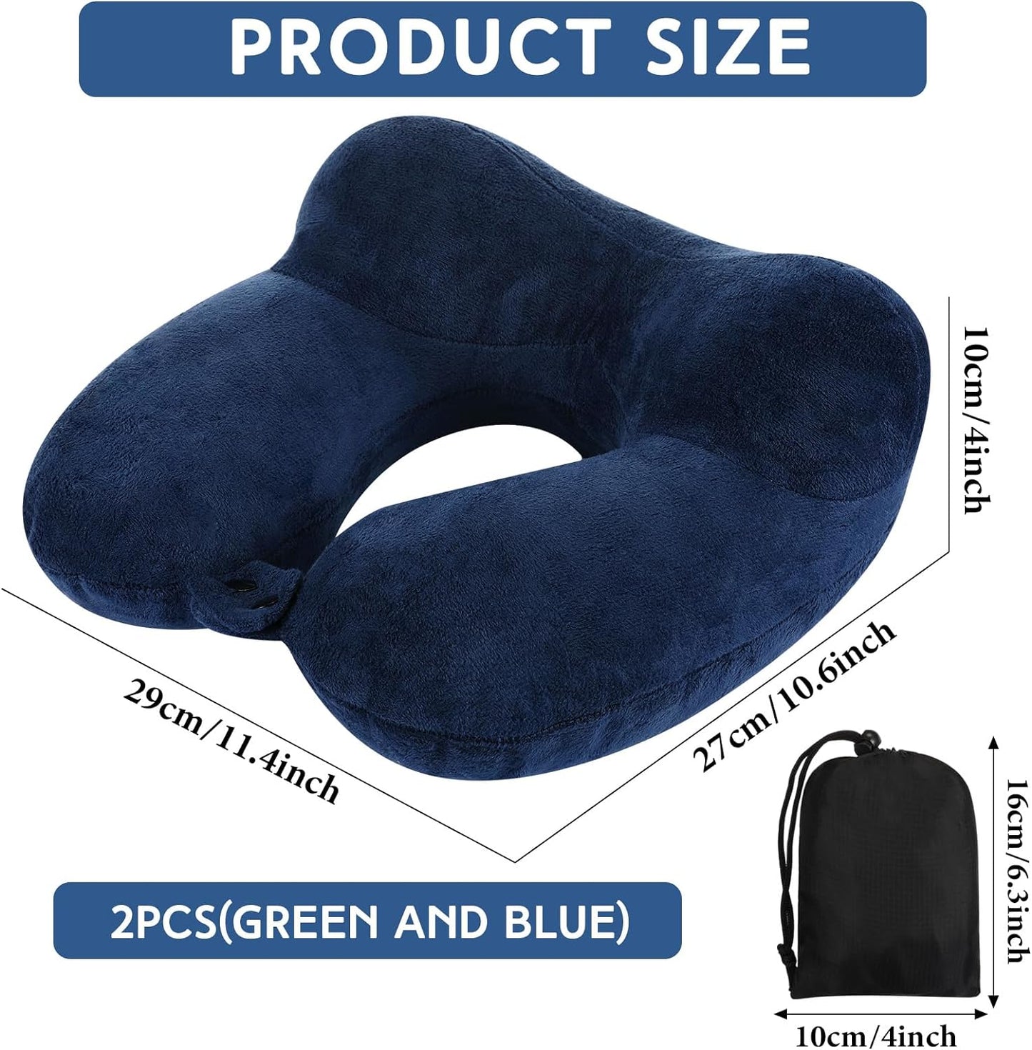Sintuff 2 Pack Inflatable Travel Pillow for Airplanes Inflatable Neck Flight Pillows with Compact Bag and Blindfold for Traveling, Airplane, Train, Car, Office(Peacock Green and Blue)