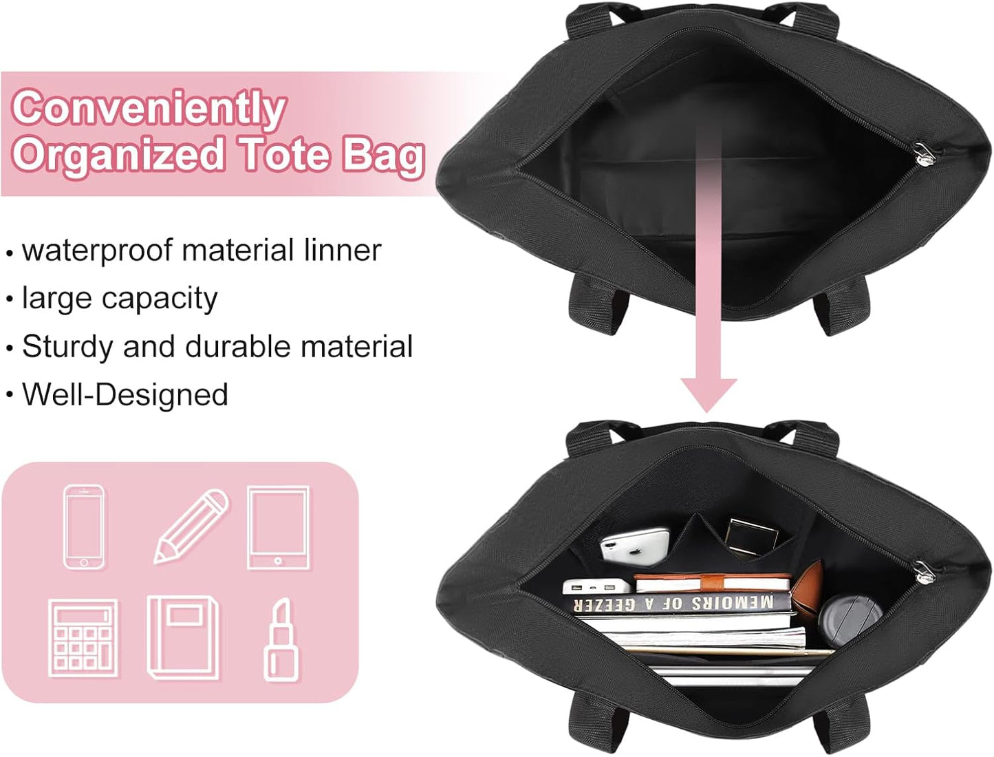 Vavabox Tote Bag, A-Z Initial Monogrammed Waterproof Tote Bag, Bridesmaid Gifts for Women, Black and Pink