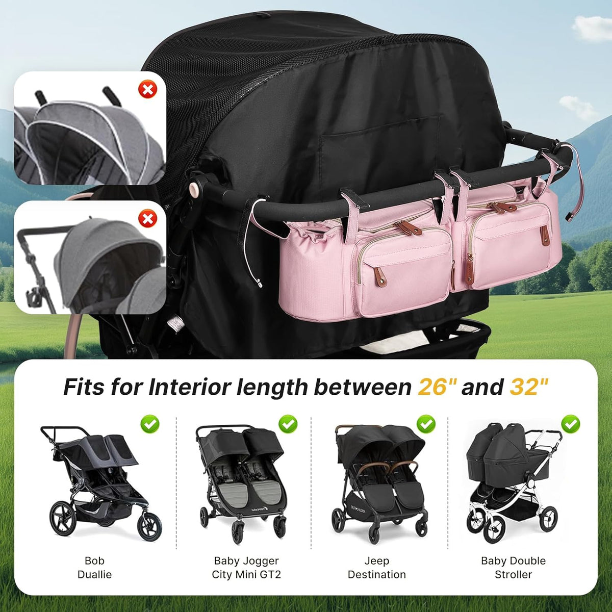 Double Stroller Organizer for Bob Duallie and Baby Jogger City Mini GT2, Double Stroller Caddy Organizers with Cup Holder and 2 Cooler Pockets Parent Console Double Stroller Accessories