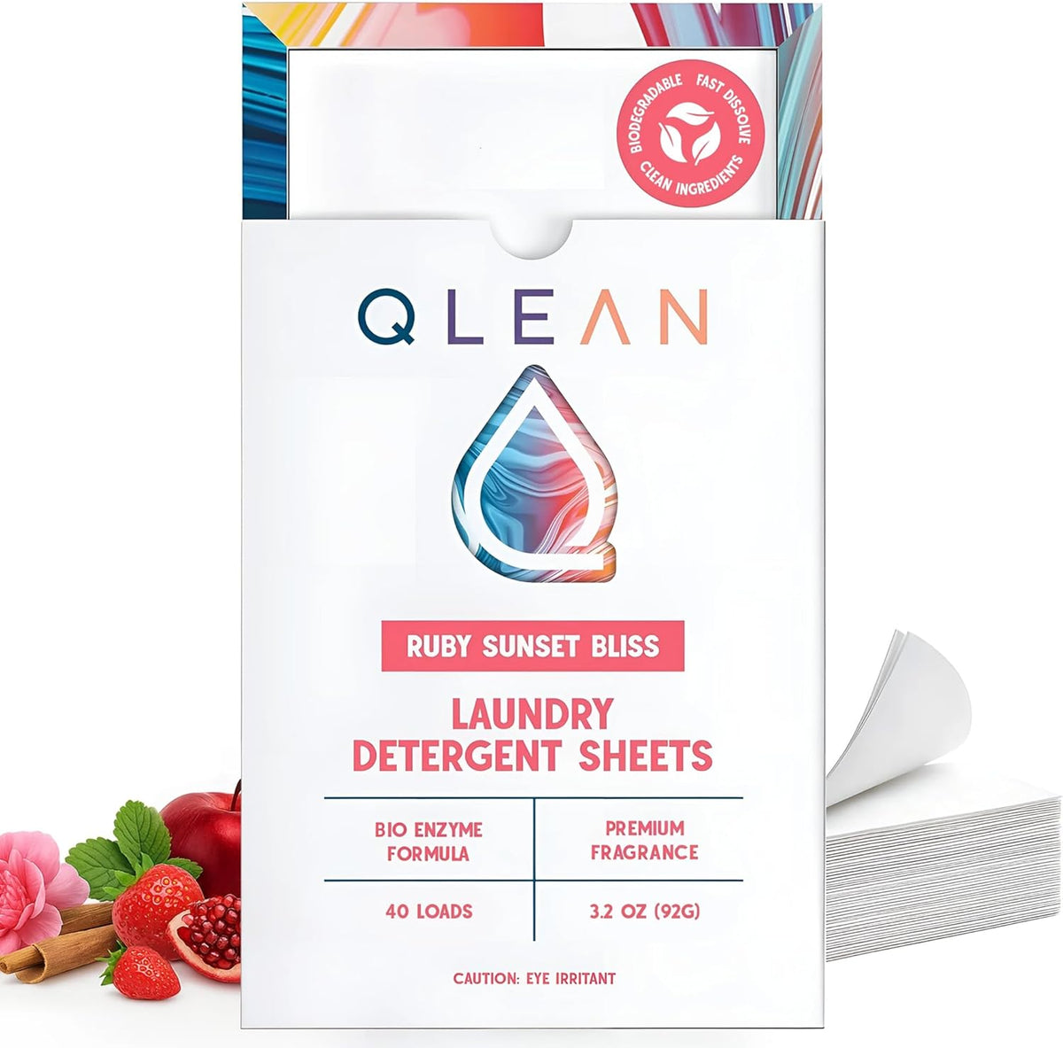 QLEAN Laundry Detergent Sheets (Travel Size 40 Loads) – Travel Laundry Detergent Sheets, Eco-Friendly Laundry Soap, HE & Standard Washer Safe, Stain Remover, Skin-Friendly - Ruby Sunset Bliss
