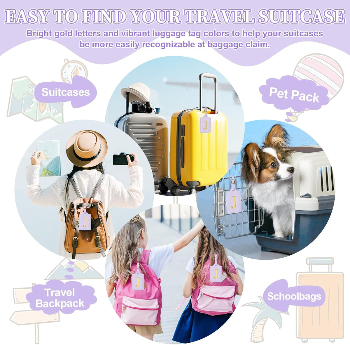 Personalized Initial Luggage Tags for Suitcase, Purple Leather Cute Luggage Tags with Privacy Cover Name Card, Embroidered Custom Monogrammed Luggage Tag Travel Backpack Tags Gifts for Women Kids(J)
