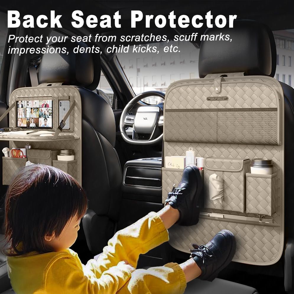 Car Seat Organizers,Multi-functional Back Seat Protectors, Storage Pouches, and Tray Holders (for Cars, Kids, Seat Back and Rear Seats) (Woven Beige, 2 Pcs)