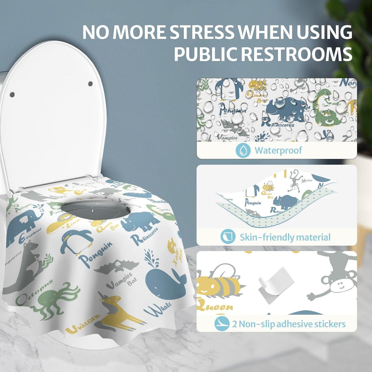 Blissful Diary 30 Pcs Toilet Seat Covers Disposable for Toddlers & Adults, Extra Large Waterproof, Portable Package for Travel, Kids Potty Training