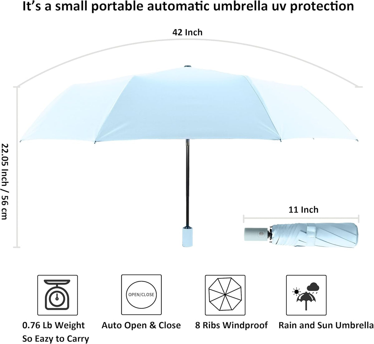 BAODINI Small UV Protection Travel Umbrella Compact for Rain and Sun UPF 50+ 41 inch Portable Umbrella for Women and Men