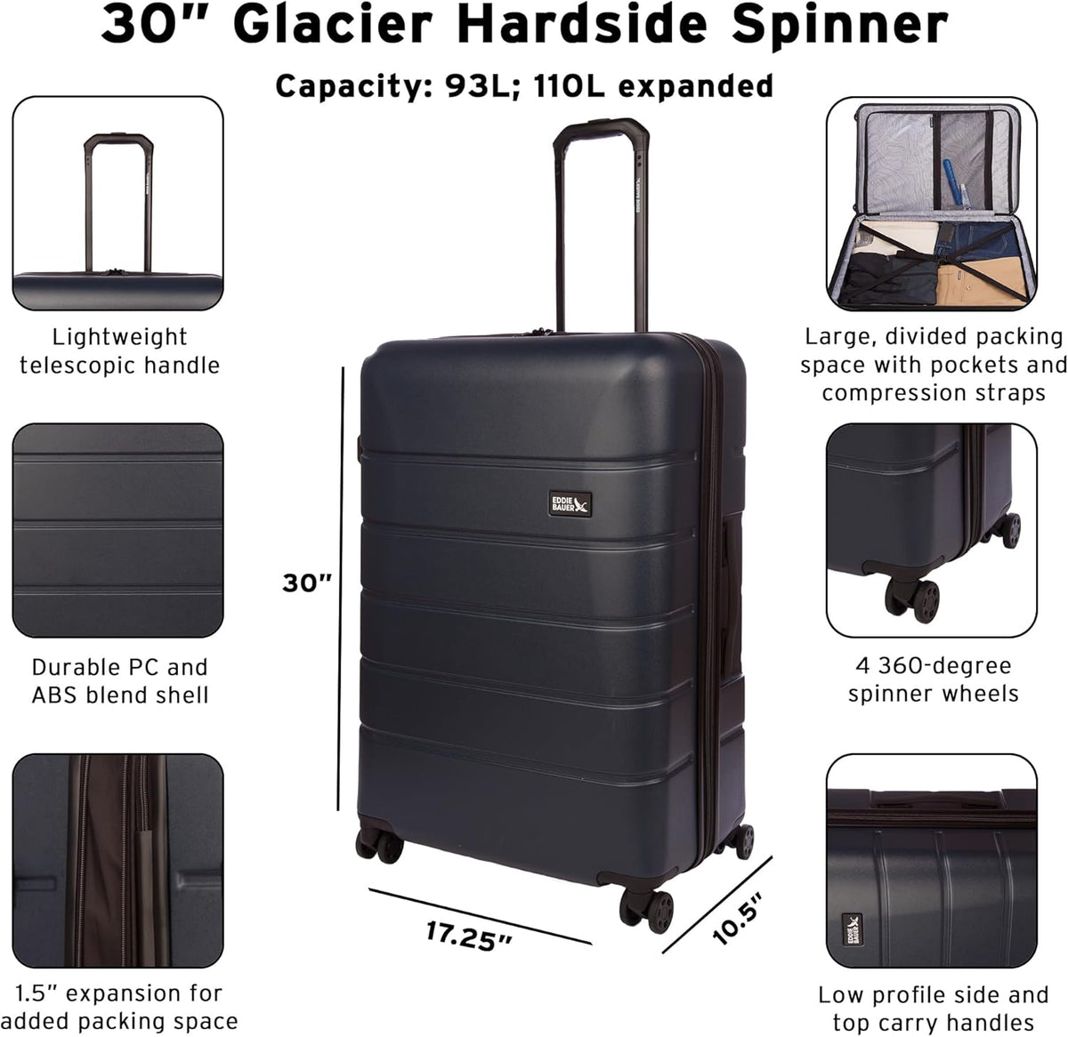 Eddie Bauer Glacier Carry-On 22" and Checked 30" Luggage | Hardside | Spinner Wheels | Expandable | Lightweight | Travel Essentials - Carbon Grey