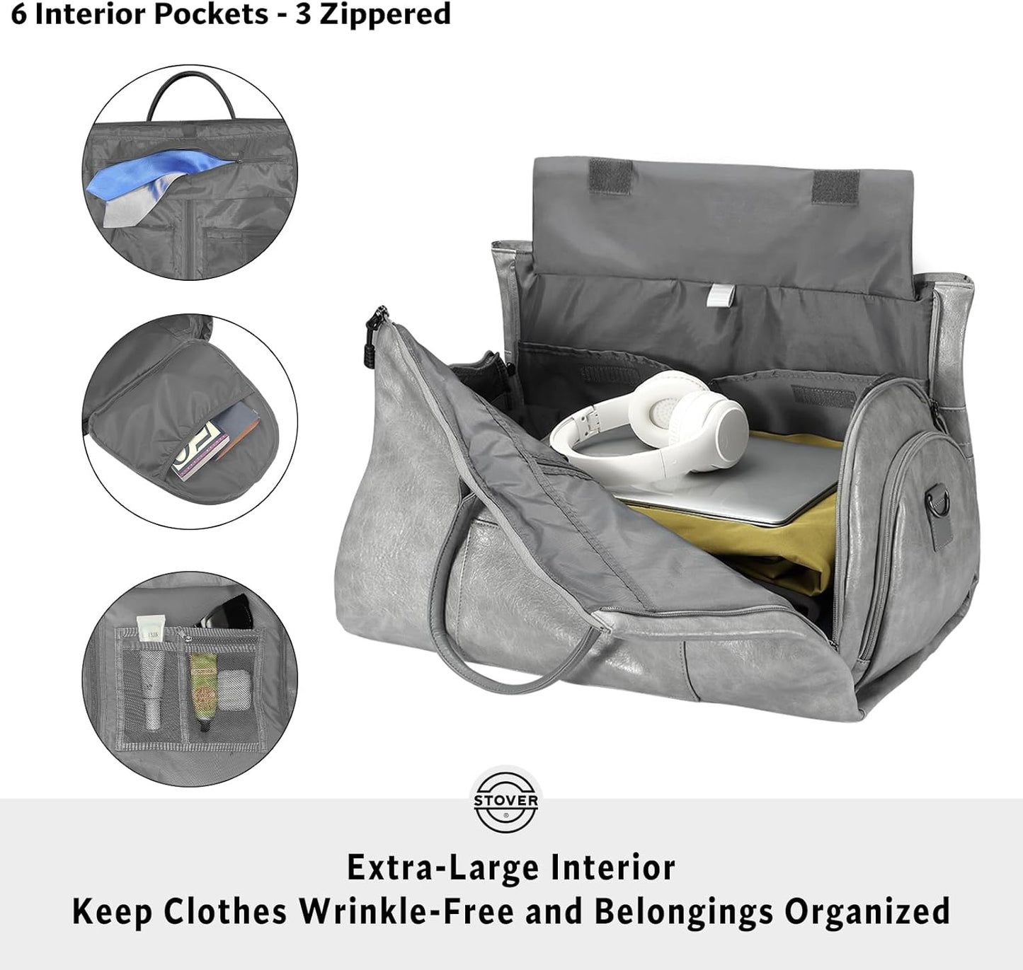STOVER Garment Travel Duffle Bag, Large 2-in-1 Convertible Carry-on Luggage for Men & Women- Hanging Suits, Dresses & Clothes + Shoe Compartment- Weekender Tote Combo Duffel (Grey Leatherette)