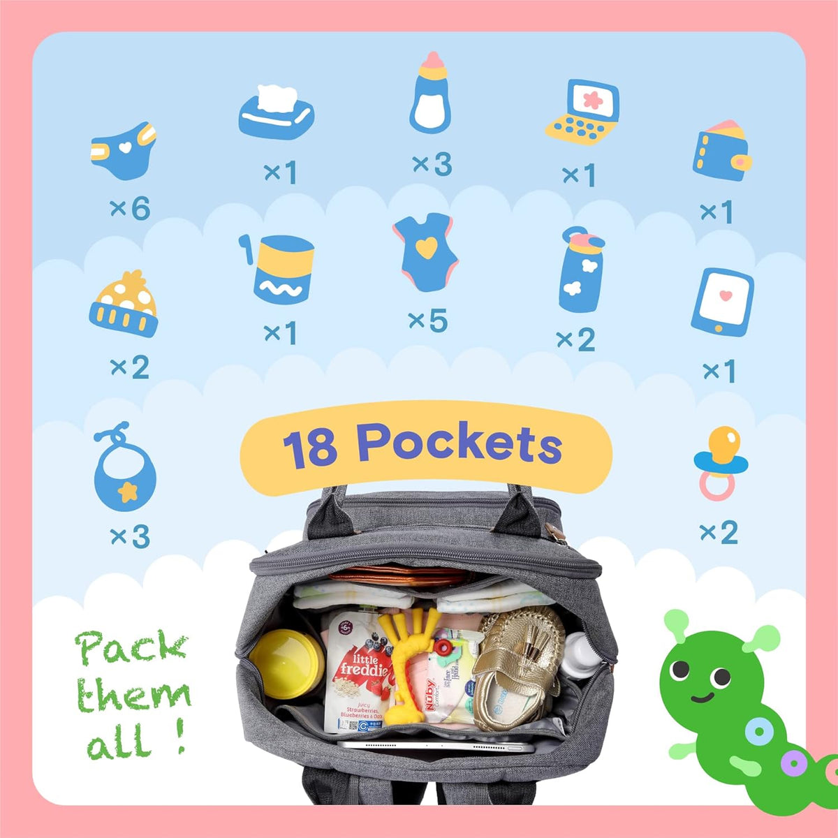 iniuniu Diaper Bag Backpack, 4 in 1 kit Large Unisex Baby Bags for Boys Girls, Waterproof Travel Back Pack with Diaper Pouch