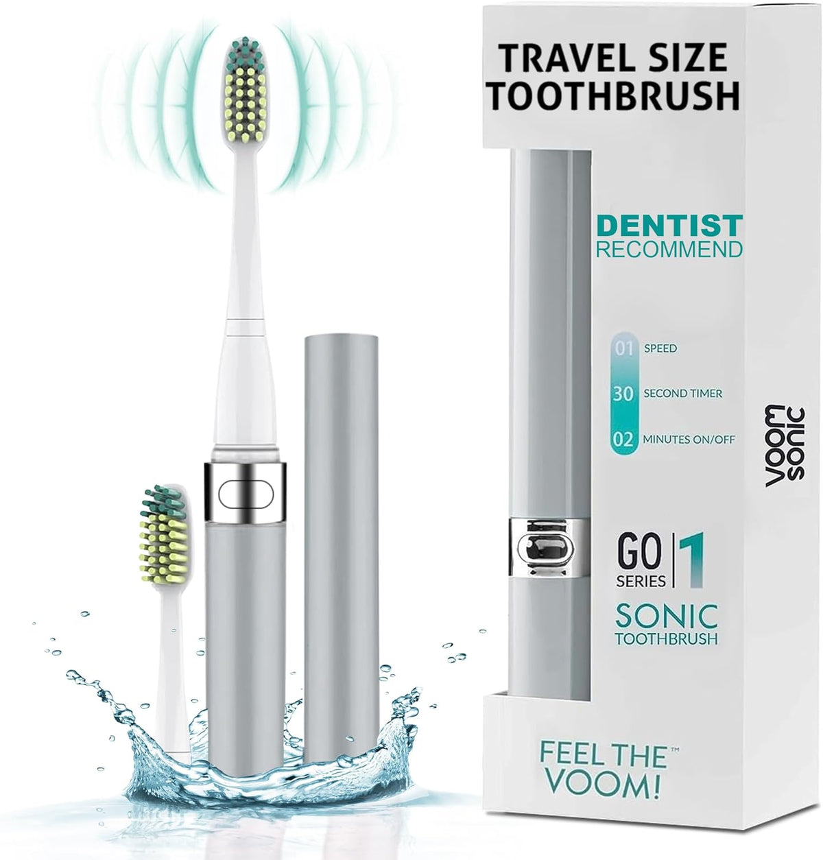 Voom Sonic Go 1 Series Travel Electric Toothbrush, Travel Toothbrushes - Battery Operated Toothbrush for Adults and Kids, Dentist Recommended Toothbrush, Portable with 2 Minute Timer (Silver)