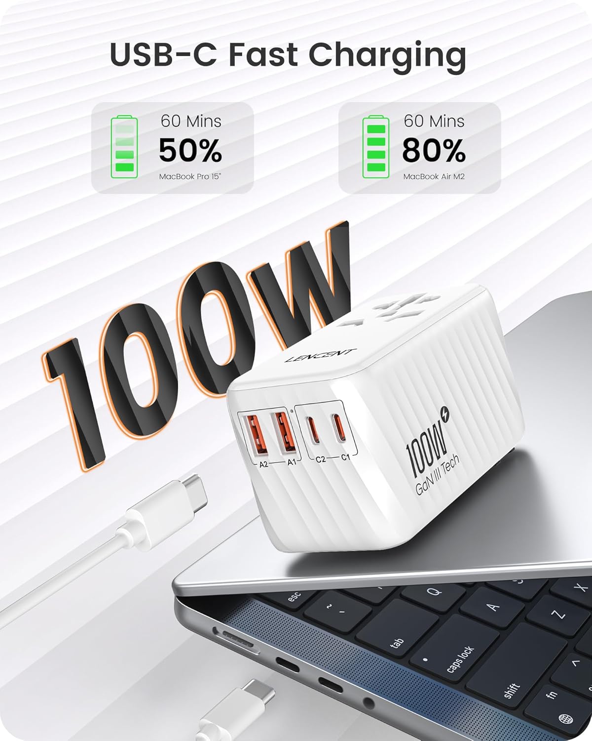 LENCENT Universal Travel Adapter, 100W GaN International Fast Charger with 2 PD3.0 Type C+2 QC USB A, Worldwide Power Adaptor for Phones,Laptops, All in One Travel Essentials for EU/USA/UK/AU, White
