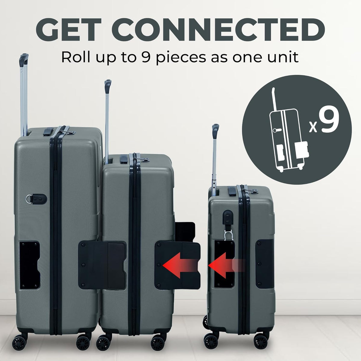 Tach V3.1 Hard Shell 3 Piece Luggage Set - 20, 24 & 28 inch Luggage | Carry On, Medium & Large Checked Suitcases | Patented Built-In Connecting System | Rolling Suitcase Links 6 Bags (Grey)