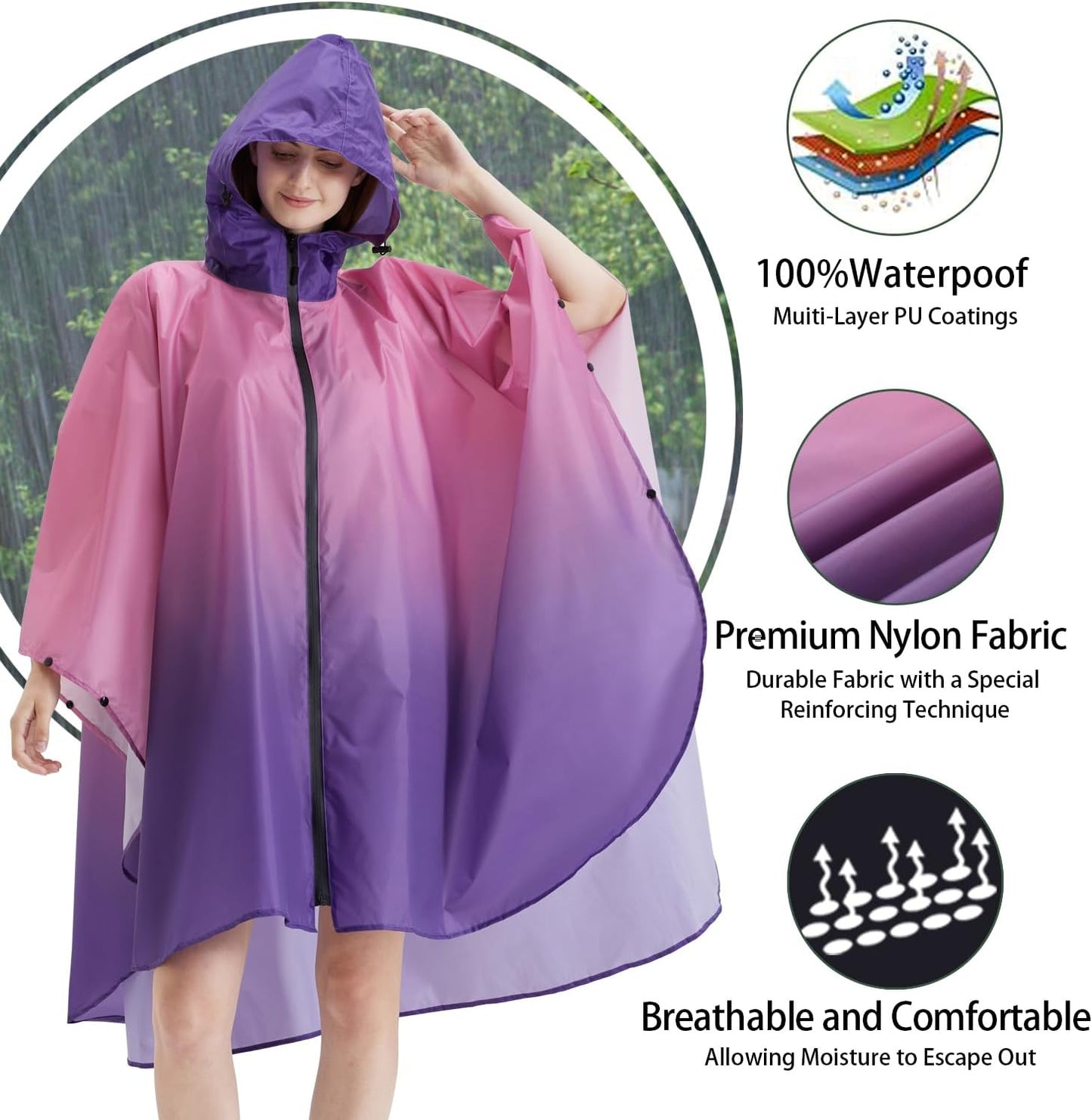 Rain Poncho Jacket Coat Hooded Zipper Style for Women/Men/Adult with Pocket