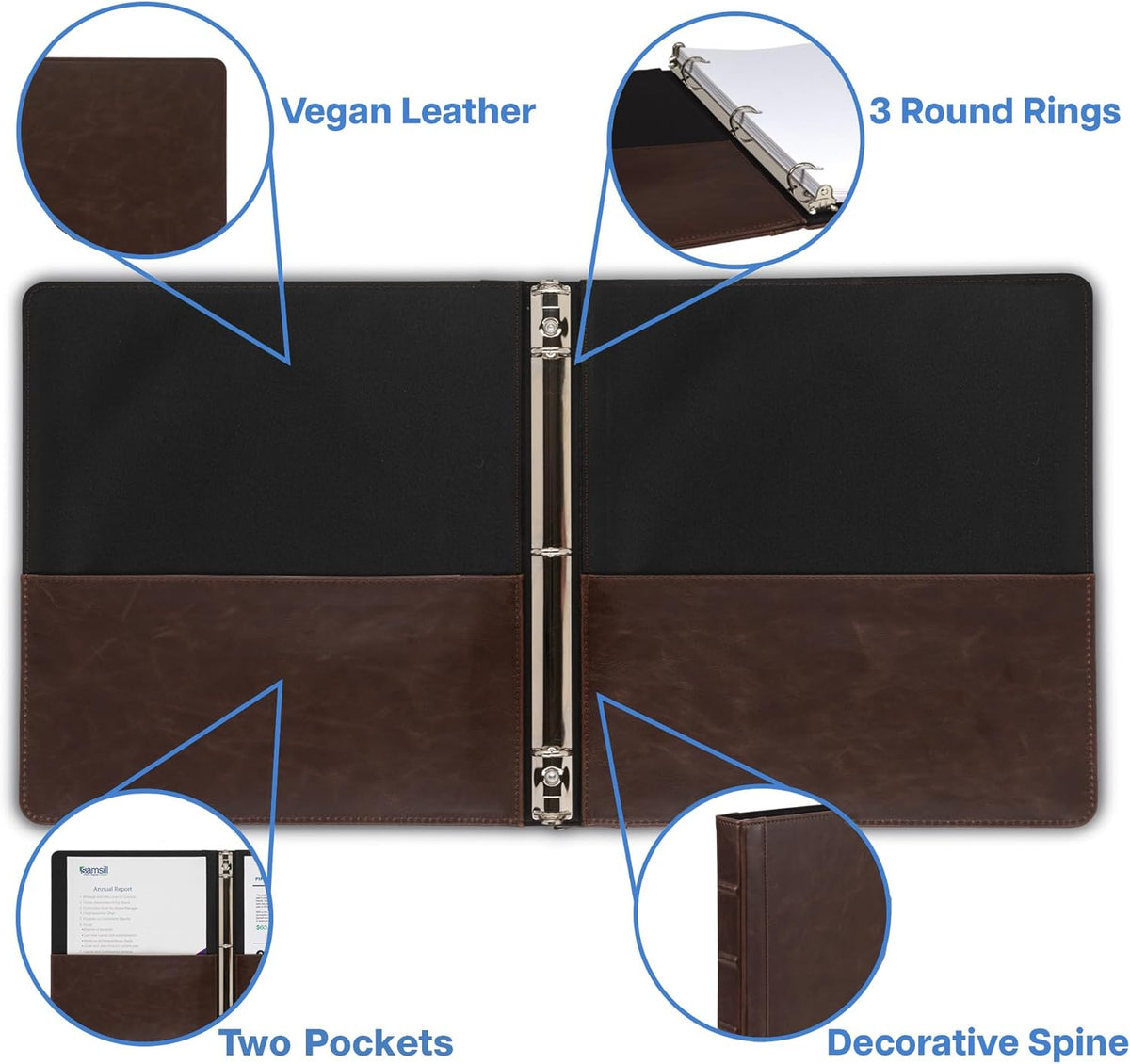 Samsill Vintage Leather Binder, 0.5 Inch Round Ring (Holds 100 Sheets), Letter Size 8.5x11 Documents, Professional Organizer Portfolio, No Zipper, Brown