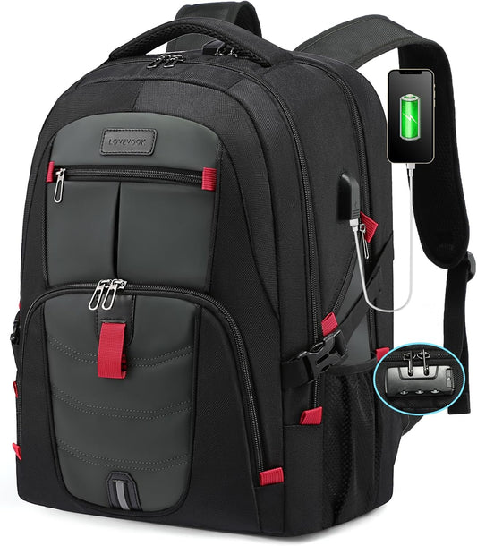 LOVEVOOK 17 inch Travel Laptop Backpack, DarkGrey, Waterproof, Anti-Theft with Lock, USB Charging Port, Large Capacity, Multi-Purpose