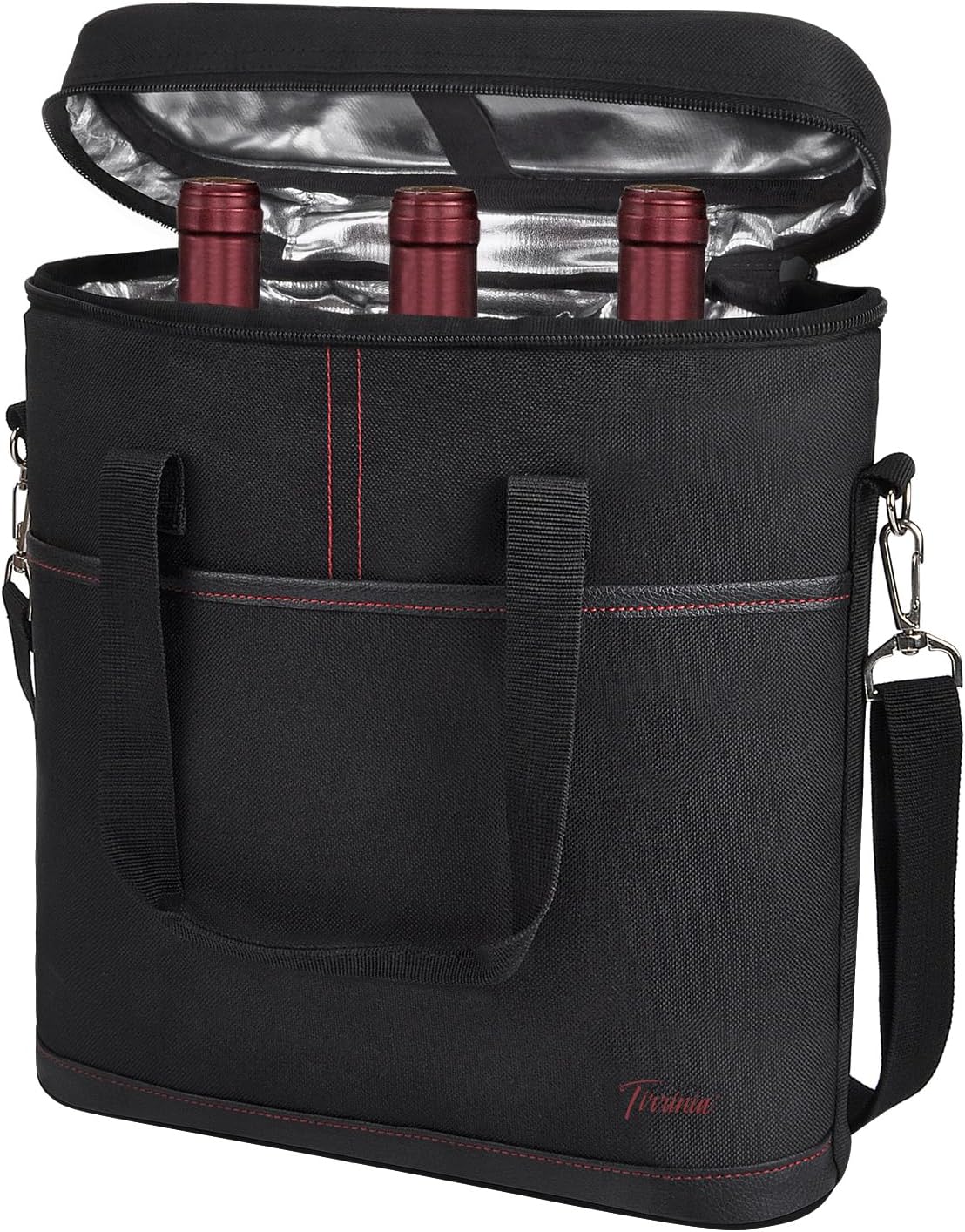 Tirrinia Insulated Wine Gift carrier - 3 Bottle Travel Padded Wine Carry Cooler Tote Bag with Handle and Adjustable Shoulder Strap, Black