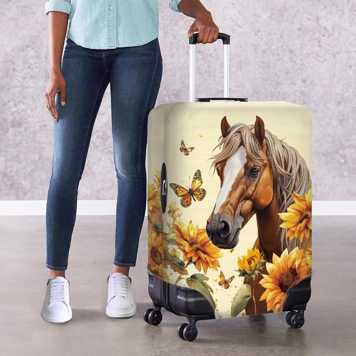 Horse Luggage Cover Universal Zip Suitcase Covers Elastic Spandex Fabric Baggage Cover Protector Butterfly Luggage Covers for Suitcase Non-Slip Baggage Case Covers(Sunflower), 18-21 Inch