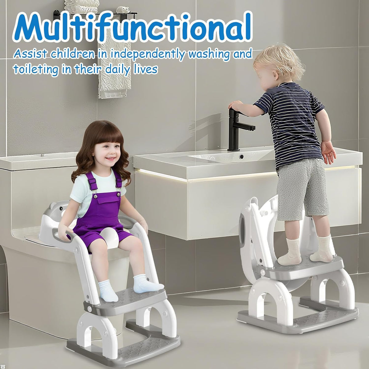 Potty Training Seat for Toddlers - Upgrade 2-in-1 Toilet Seat Toilet Ladder for Kids Children Boys Girls, Anti-Slip Pad & Adjustable Height with Waterproof PVC Cushion - Grey