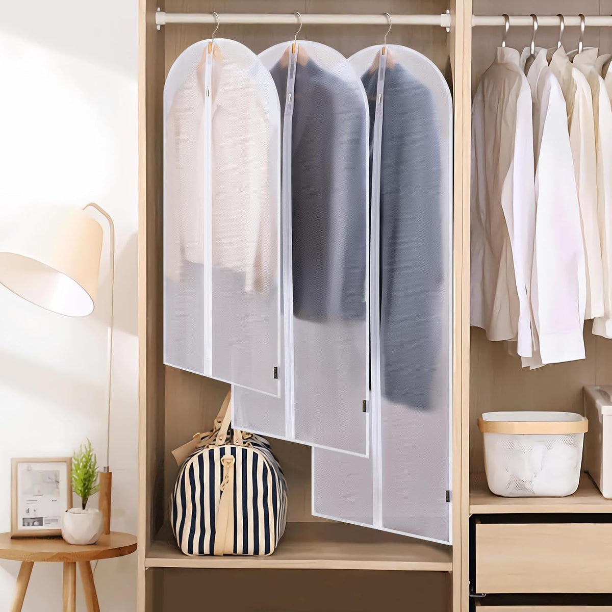 BALEINE 48'' Translucent Garment Bags, 2 Packs PEVA Dress Bag for Closet Clothes Dresses Suit Coats Storage (White, 2PK)