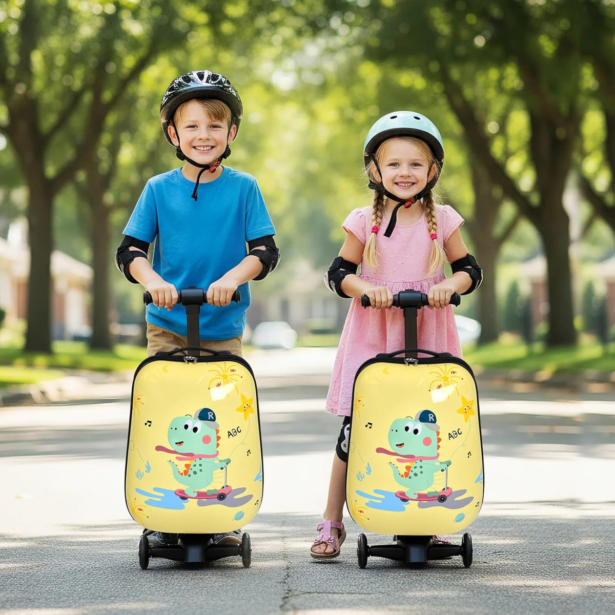 smilesun 4-in-1 Detachable Scooter Luggage for Kids & Teens – Hardside Ride-On Suitcase with Led Light Up Wheels, Dinosaur Design, Lightweight Foldable, Perfect Travel Gift for Boys(Yellow 22-inch)
