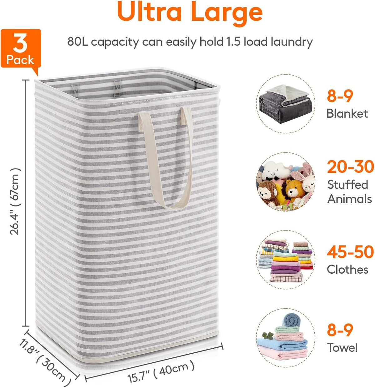 Lifewit 3 Pack Laundry Hamper Large Collapsible Laundry Baskets, Freestanding Waterproof Clothes Hamper with Easy Carry Handles in Laundry Room Bedroom Bathroom College Dorm for Adults, Gray, 3 x 80L