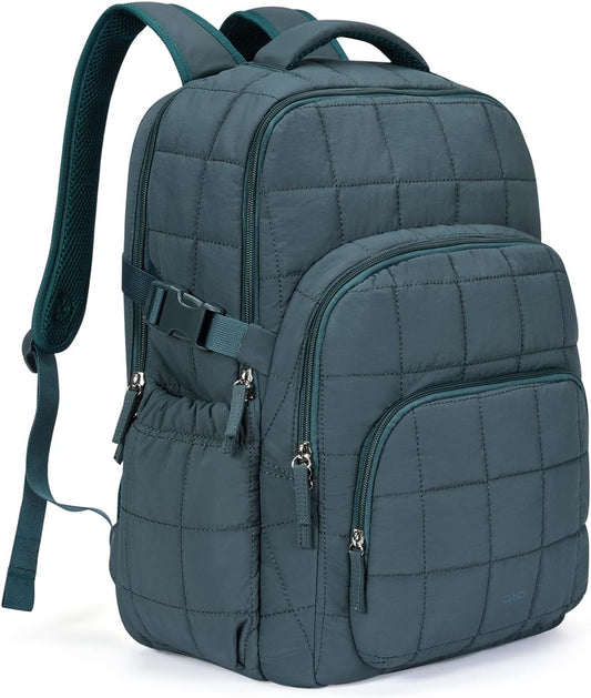 CLUCI 17.3 Inch Laptop Backpack for Women, Anti Theft Travel Backpack, Puffer Quilted Work Backpack, Water Resistant College Bookbag, Carry on backpack with RFID(Green)
