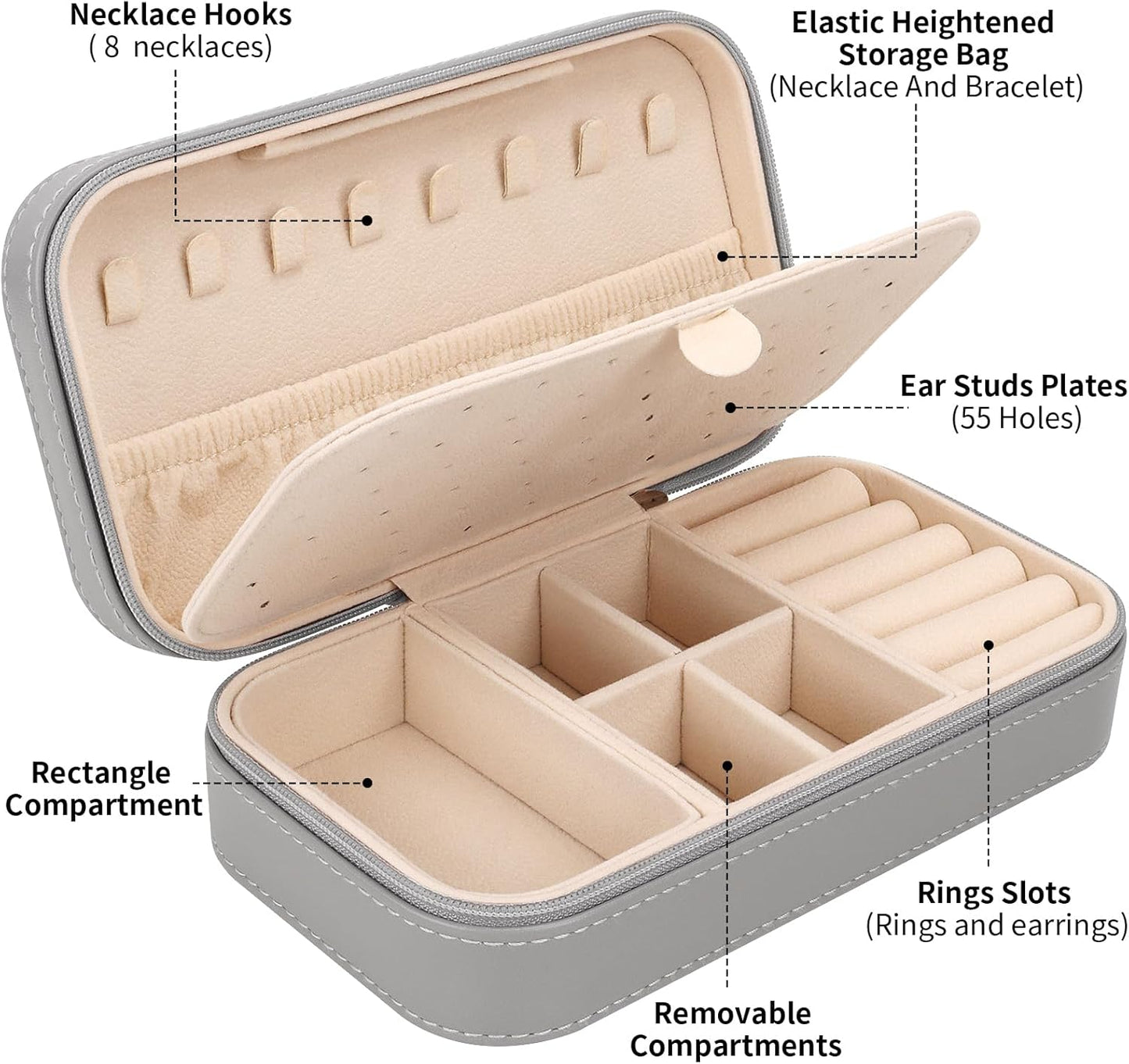 DesignSter Travel Jewelry Box, PU Leather Portable Jewelry Case, Small Jewelry Boxes for Gifts, Travel Jewelry Organizer for Women Rings Earrings Necklaces Bracelets (Gray)