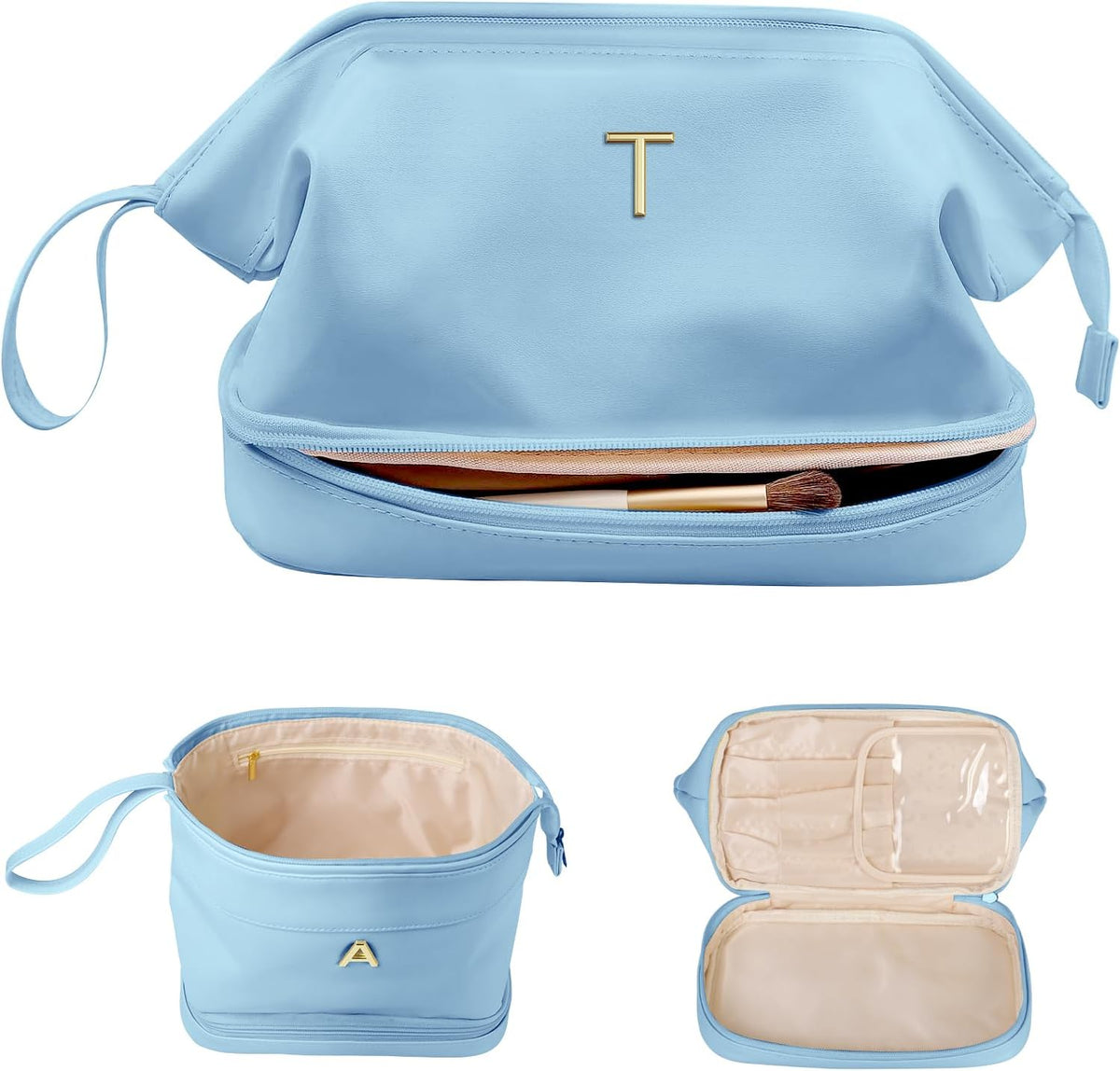 Birthday Gifts for Girls, Initial Large Makeup Bag, Personalized Double Layer Cosmetic Bag with Makeup Brush Organizer, Large Capacity PU Leather Travel Toiletry Bag Travel Stuff for Girls