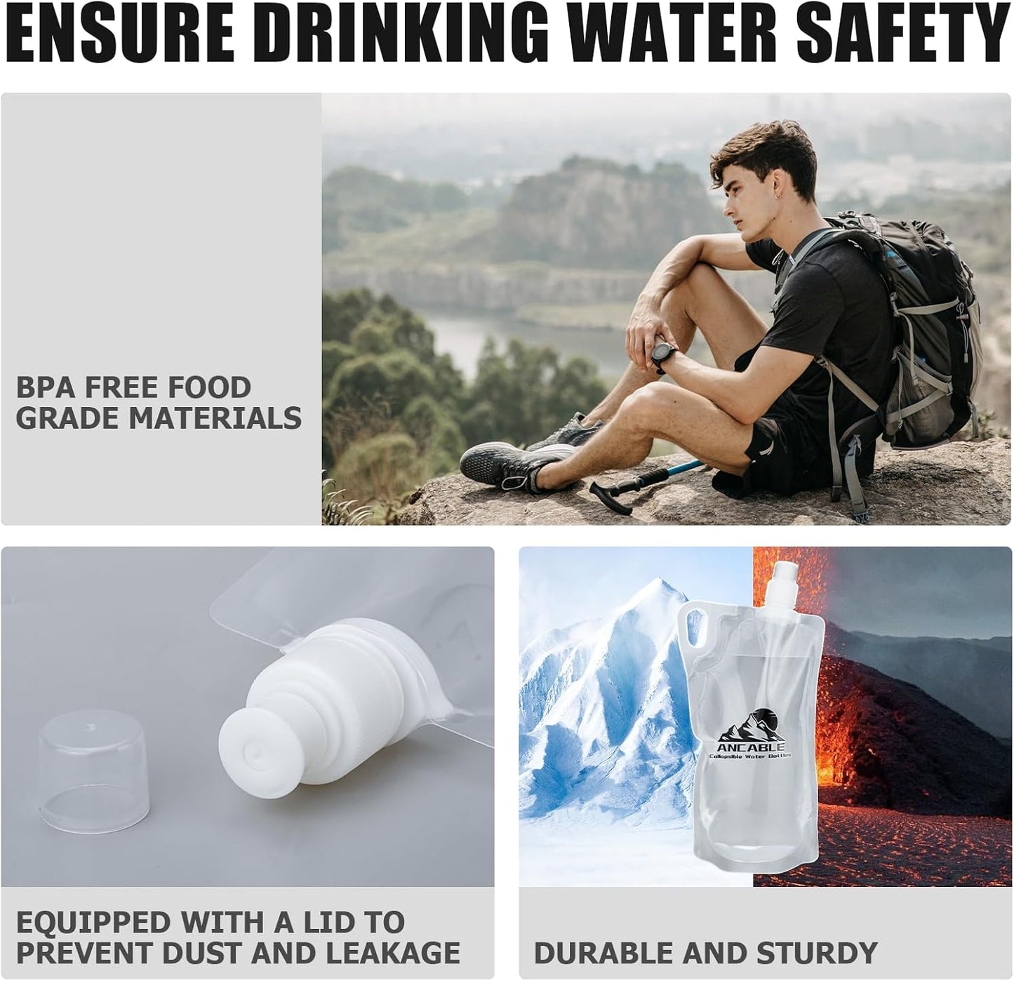 1L Hiking Collapsible Water Bottles, 4-Pack 33OZ BPA-Free Foldable Backpacking Water Bottle for Travel Camping Hiking
