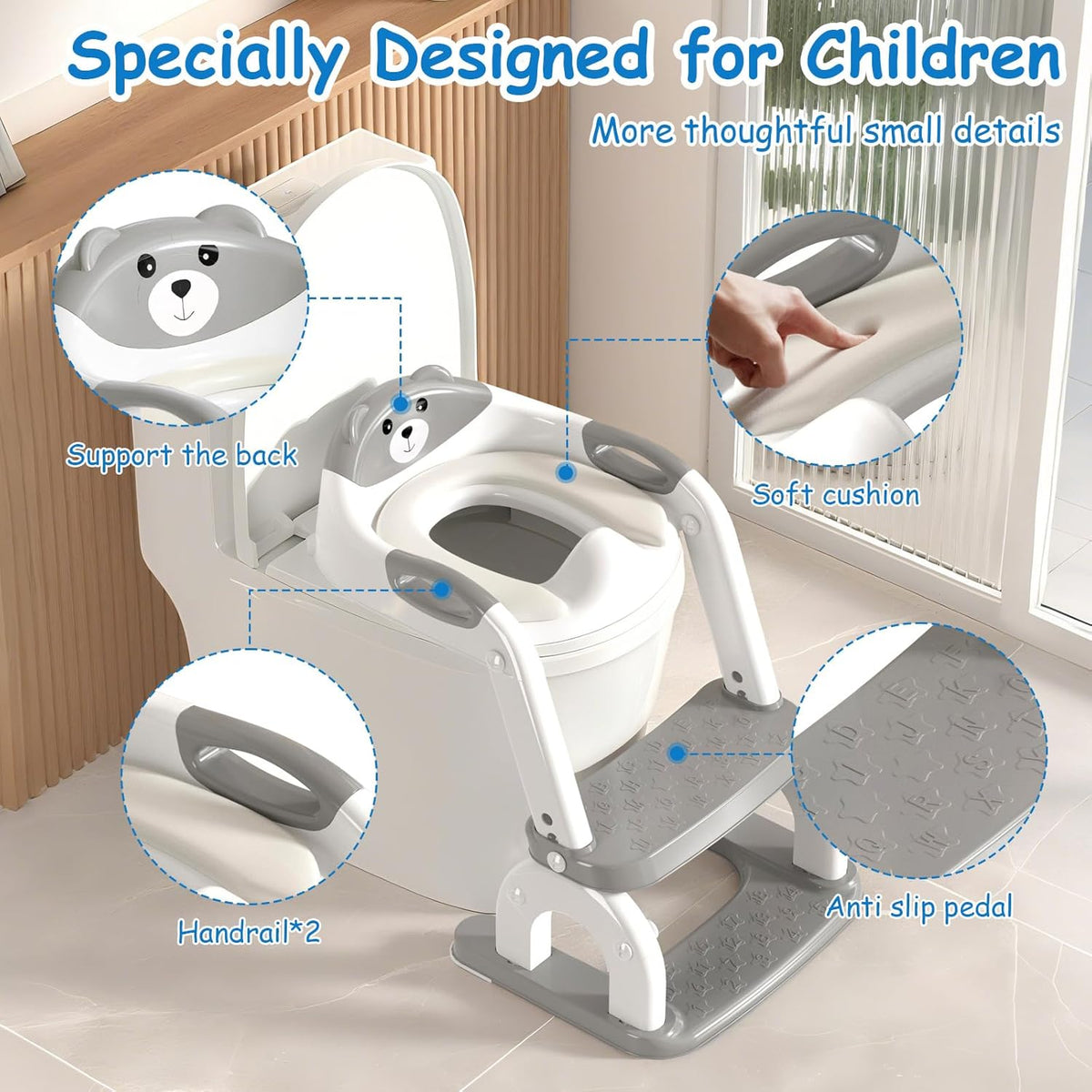 Potty Training Seat for Toddlers - Upgrade 2-in-1 Toilet Seat Toilet Ladder for Kids Children Boys Girls, Anti-Slip Pad & Adjustable Height with Waterproof PVC Cushion - Grey