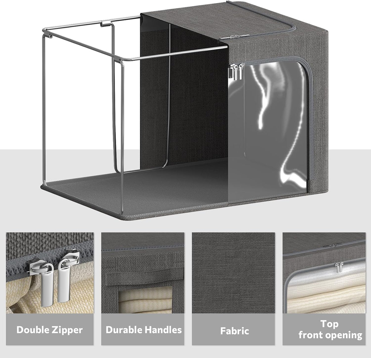 4 Pack Clothes Storage Bins with Metal Frame - Linen Fabric Foldable Stackable Container Organizer Set with Clear Window & Carry Handles & Zippers (Dark Gray, 15.7"x11.8"x7.8")