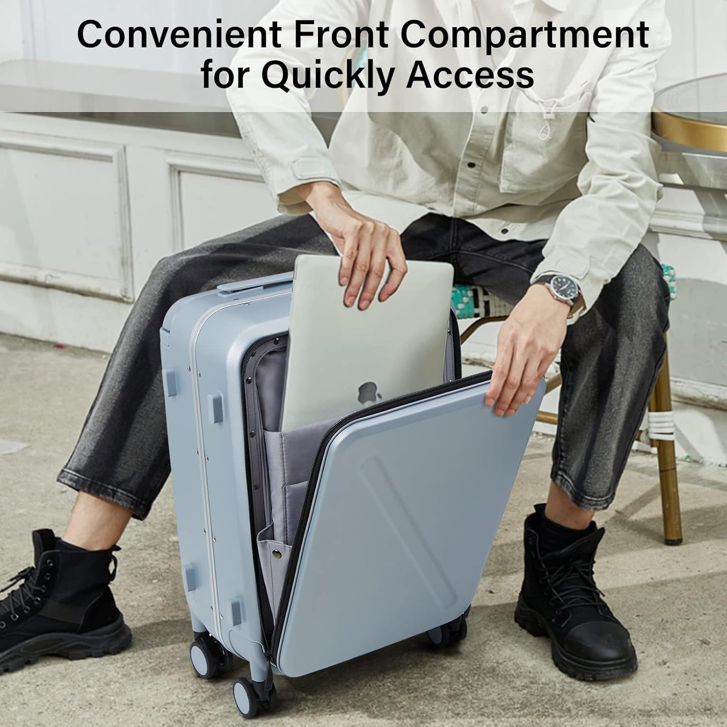 MILADA Wide Handle Luggage with Front Pocket Hardshell Aluminium Check In Suitcase with Wheels Medium 24 Inch Front Opening Checked Luggage with Spinner Wheels TSA Lock Airline Approved Luggage, Grey
