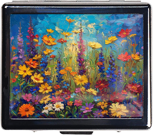 Cute and Portable Metal Pill Organizer – 8 Compartments, Elegant Chrome Finish, Ideal for Travel and Daily Use (Vibrant Wildflowers)