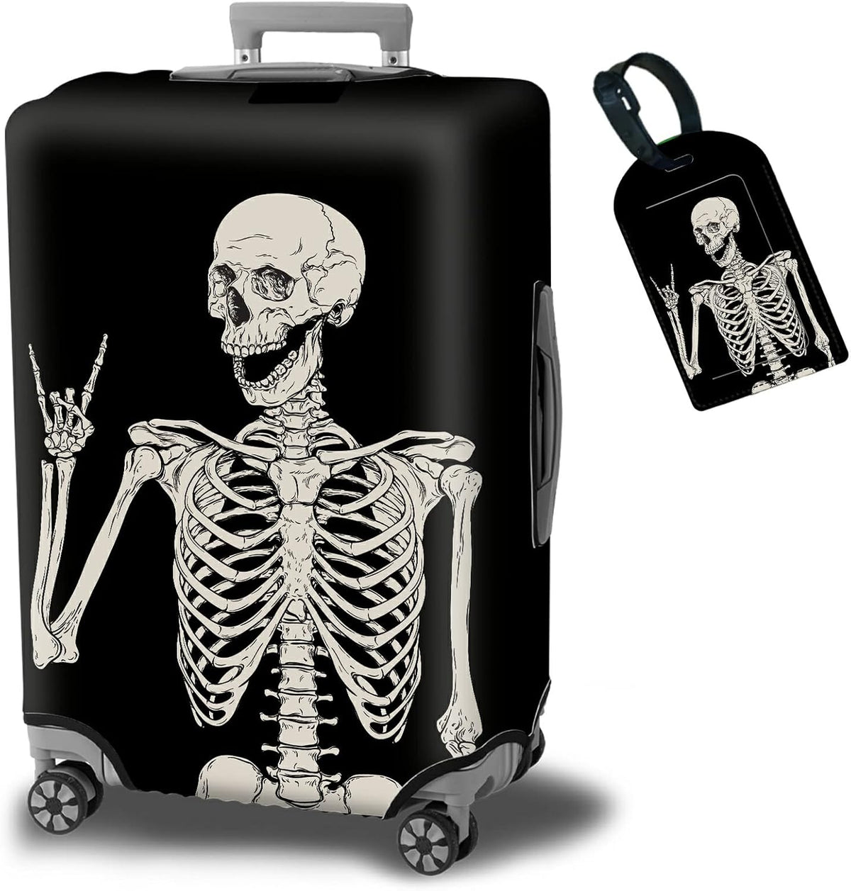 Luggage Cover Plus - Suitcase Protector with Rock Skull Travel Design, XL Size (29-30 Inch), Dustproof, Anti-Scratch, Washable Elastic Cloth, Concealed Zipper, Includes Luggage Tag