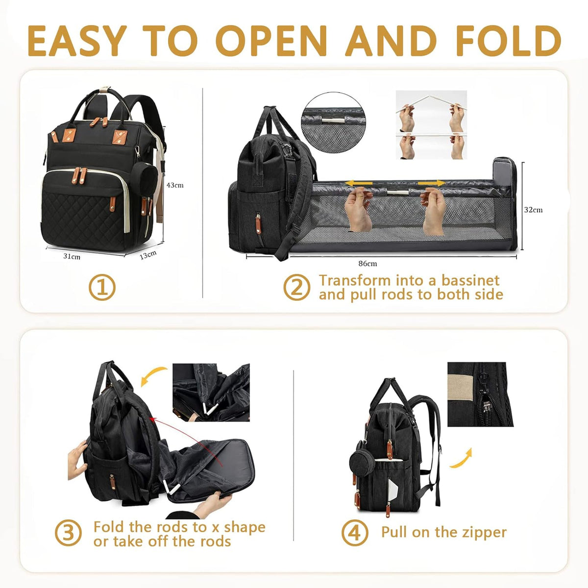 Diaper Bag Backpack with Changing Station Portable 3 in 1 Multifunction Backpack Travel mommy bag Stroller Black
