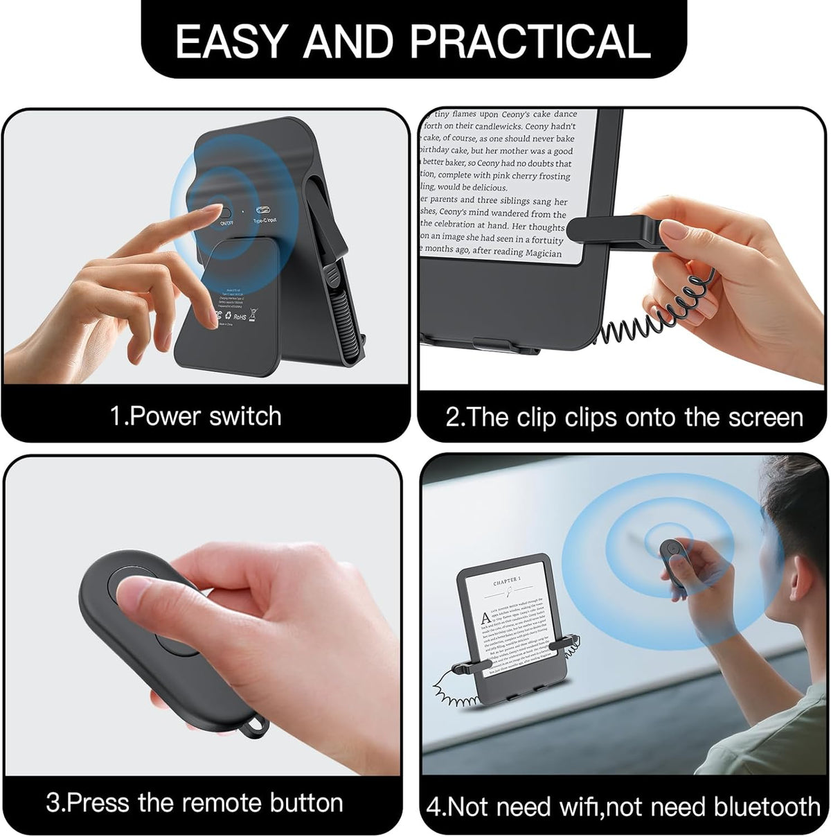 Remote Control Page Turner and Stand for Kindle Paperwhite Oasis eReaders,Clicker Page Turner Forward and Backward,Kindle Accessories for iPhone,iPad,Tablets Reading ,Camera Video Record &Selfie