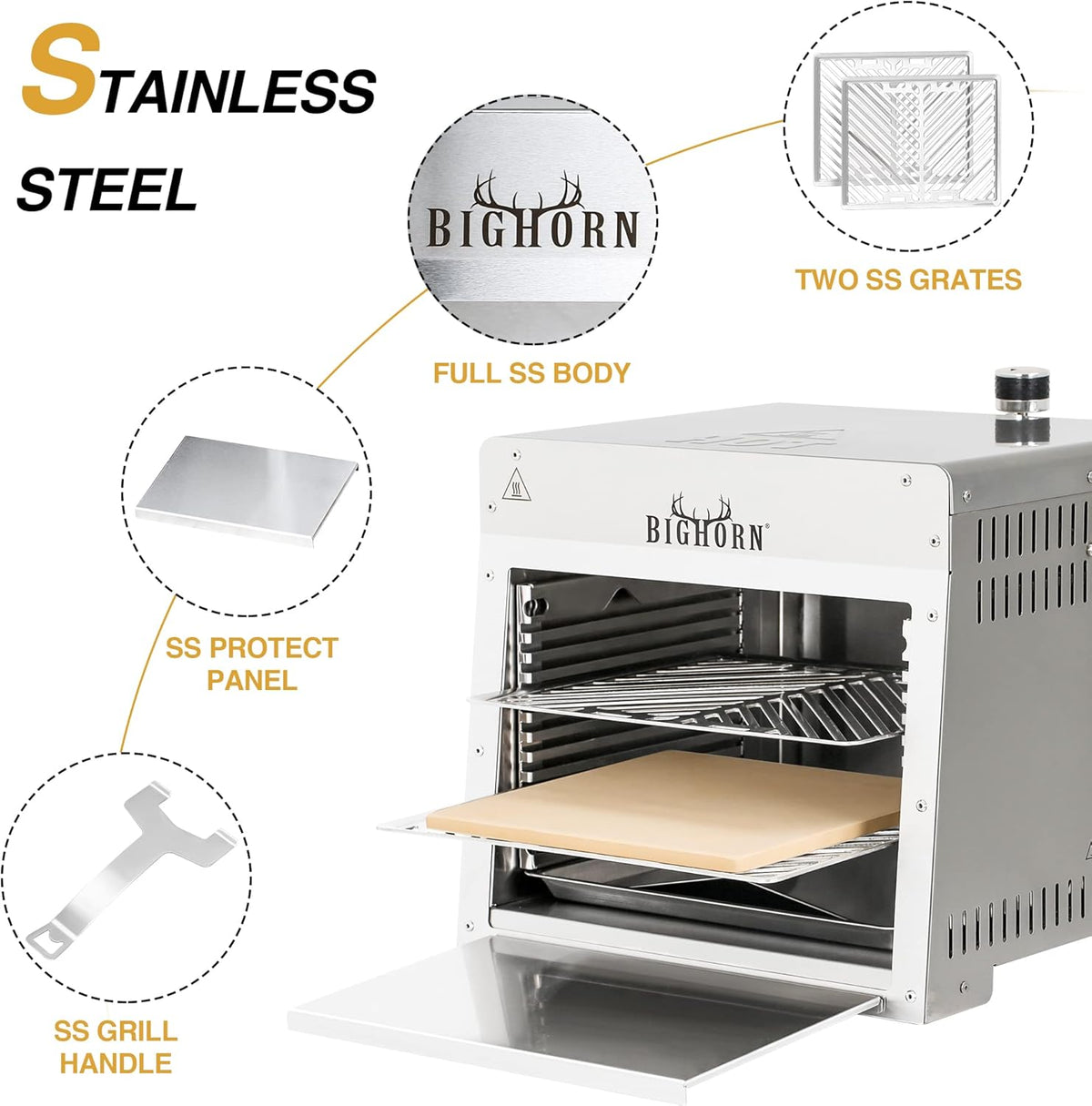 BIG HORN OUTDOORS 1500°F Small Infrared Propane Gas Grill – Portable Steak Broiler & Sear Station, Outdoor Salamander BBQ with Pizza Stone, Stainless Steel
