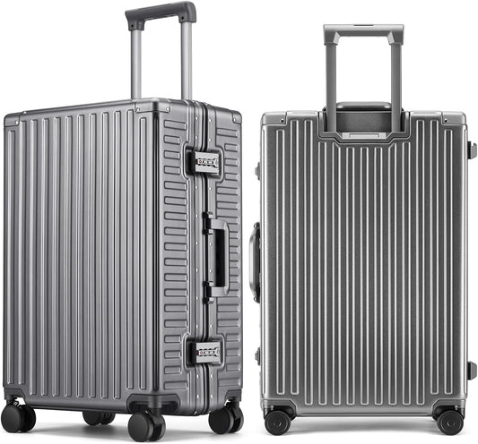 ROAMING Zipperless Luggage 22 Inch with Aluminum Frame, Polycarbonate Trunk-Medium Lightweight Hard Shell Suitcase with Spinner Wheels, Metal Travel Luggage with Double Tsa Locks, gray